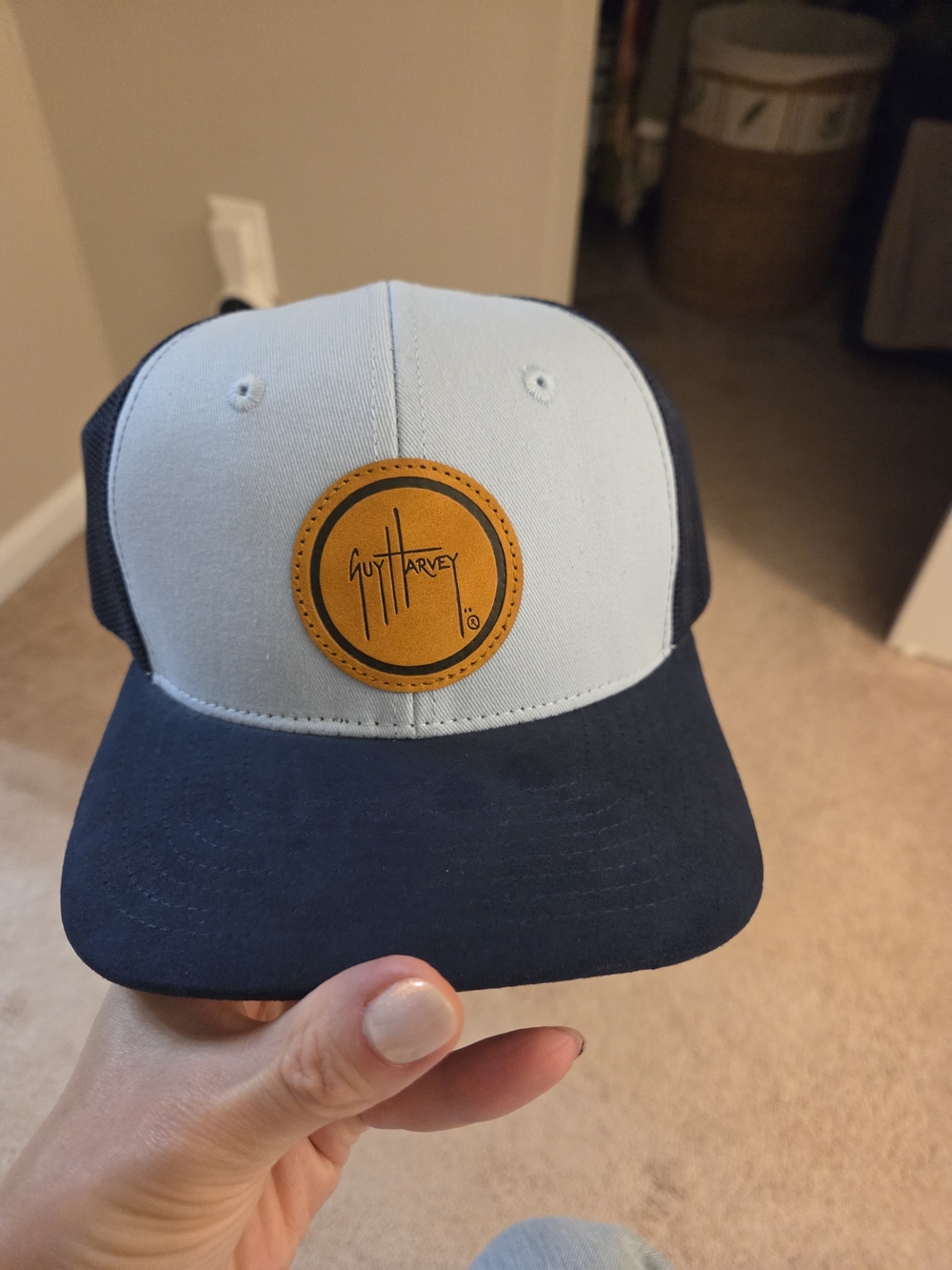 Guy Harvey Light Blue and Navy Baseball Trucker Cap with Tan Logo Patch